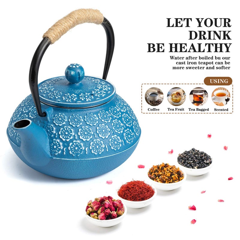 Sotya Cast Iron Teapot, 30oz/900ml Japanese Tetsubin Tea Pot with Infuser for Loose Leaf and Tea Bags, Tea Kettle Coated with Enameled Interior for Stove Top, Dark Blue - Image 4